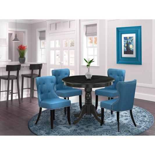 East West Furniture 5-Piece Kitchen Table Set-A Modern Dining Table and 4 Linen Fabric Dinning Chairs with High Back - Wire Brushed Black Finish