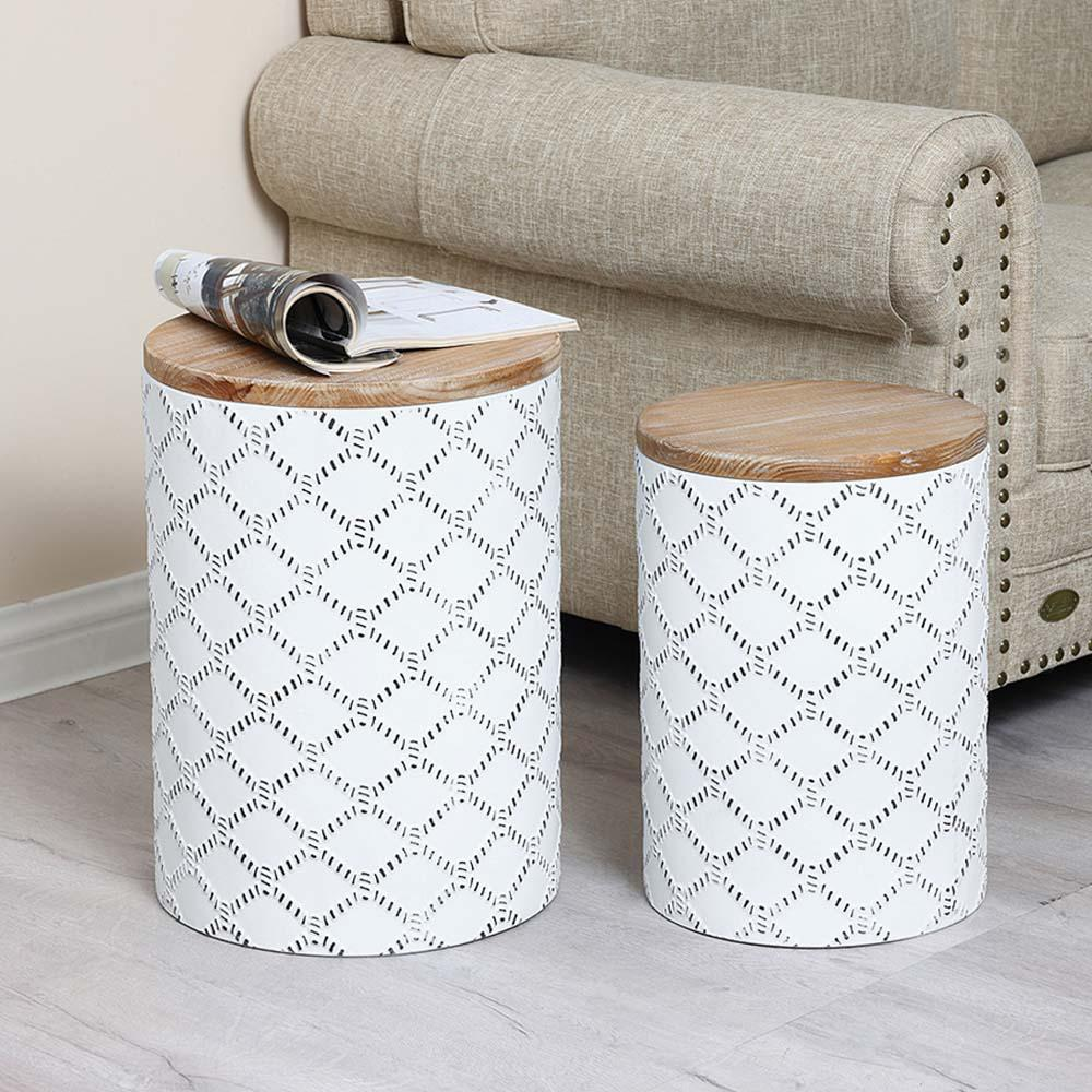 White Round Metal Side and End Tables with Enclosed Storage (Set of 2)