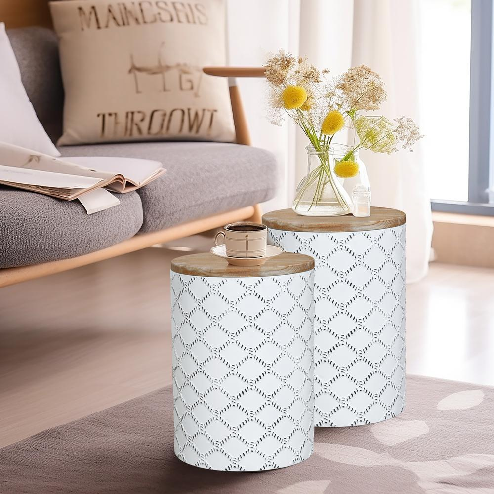 White Round Metal Side and End Tables with Enclosed Storage (Set of 2)