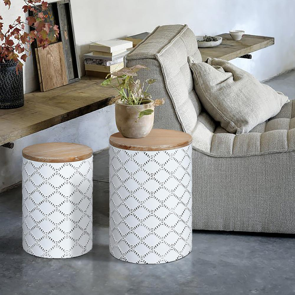 White Round Metal Side and End Tables with Enclosed Storage (Set of 2)