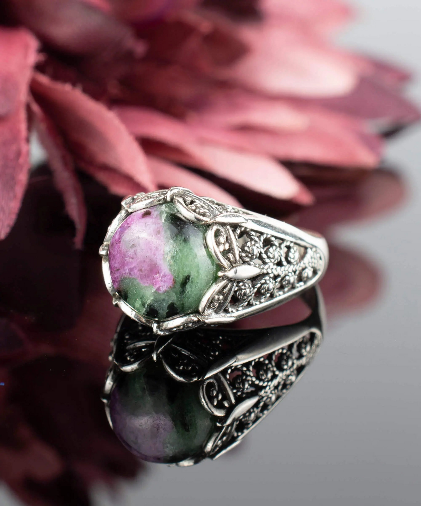 Filigree Art Ruby Zoisite Gemstone Women Silver Cocktail Ring