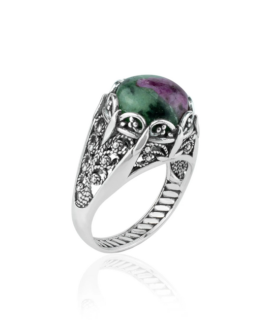 Filigree Art Ruby Zoisite Gemstone Women Silver Cocktail Ring