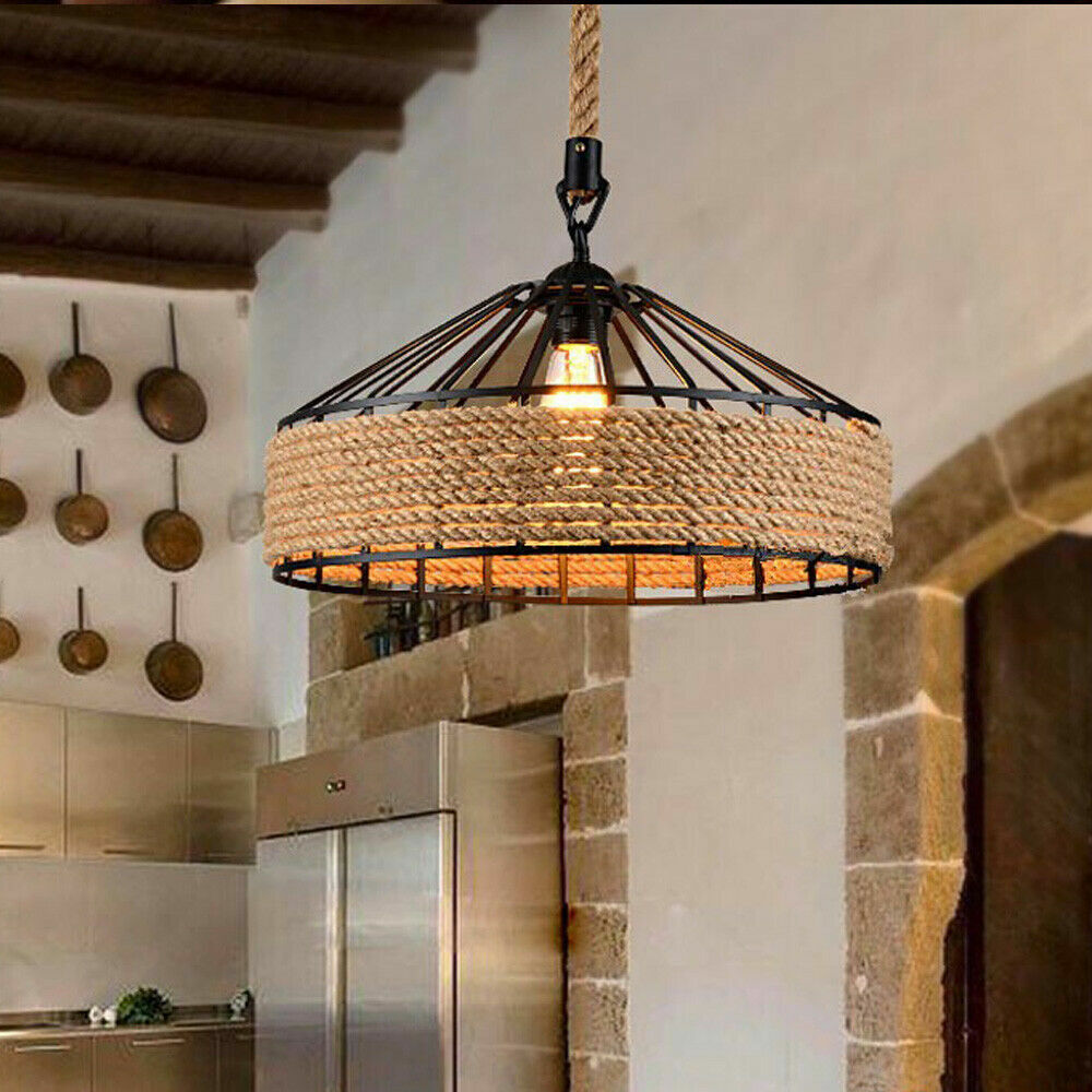 Industrial Hemp Rope Pendant Light Hanging Light Fixture Farmhouse lamp~1064