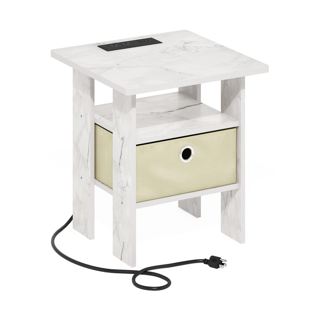 Andrey USB and Type-C Port Charging Station End Table, Marble White/Ivory