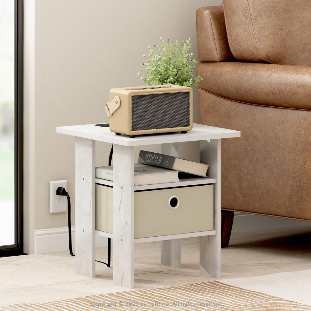 Andrey USB and Type-C Port Charging Station End Table, Marble White/Ivory