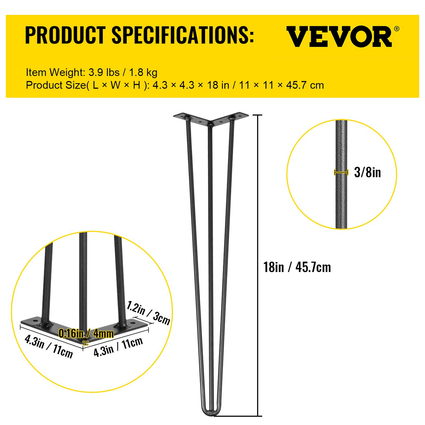 VEVOR Hairpin Table Legs 18" Black Set of 4 Desk Legs 880lbs Load Capacity (Each 220lbs) Hairpin Desk Legs 3 Rods for Bench Desk Dining End Table Chairs Carbon Steel DIY Heavy Duty Furniture Legs