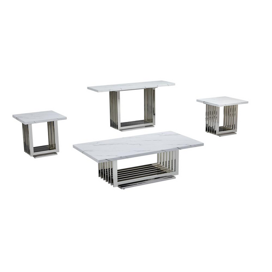 4pc- white marble coffee table set (Coffee + 2 End + Console table)