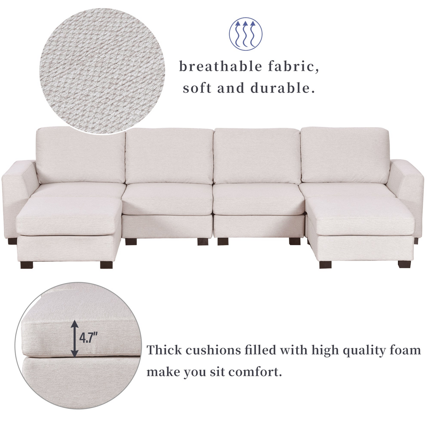 3 Pieces U shaped Sofa with Removable Ottomans