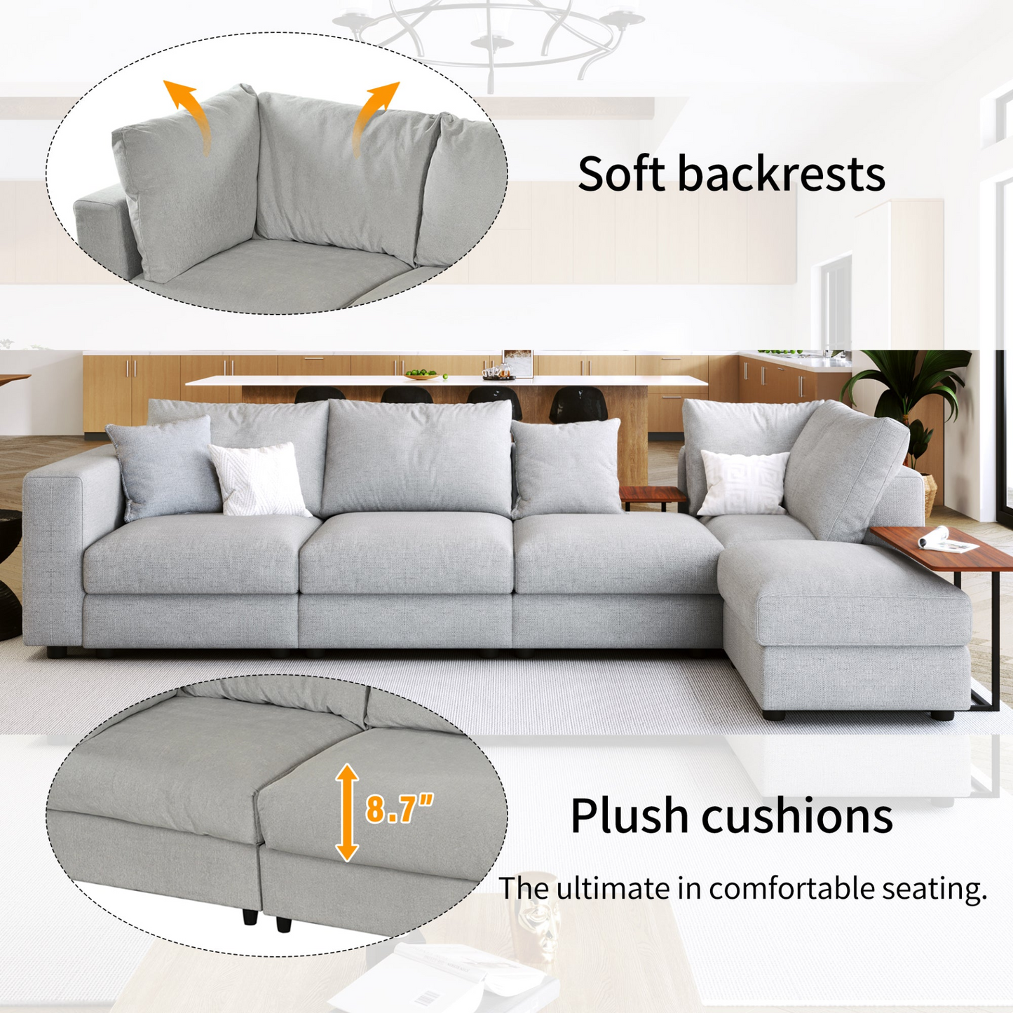 Modern Large L-Shape Sectional Sofa for Living Room, 2 Pillows and 2 End Tables