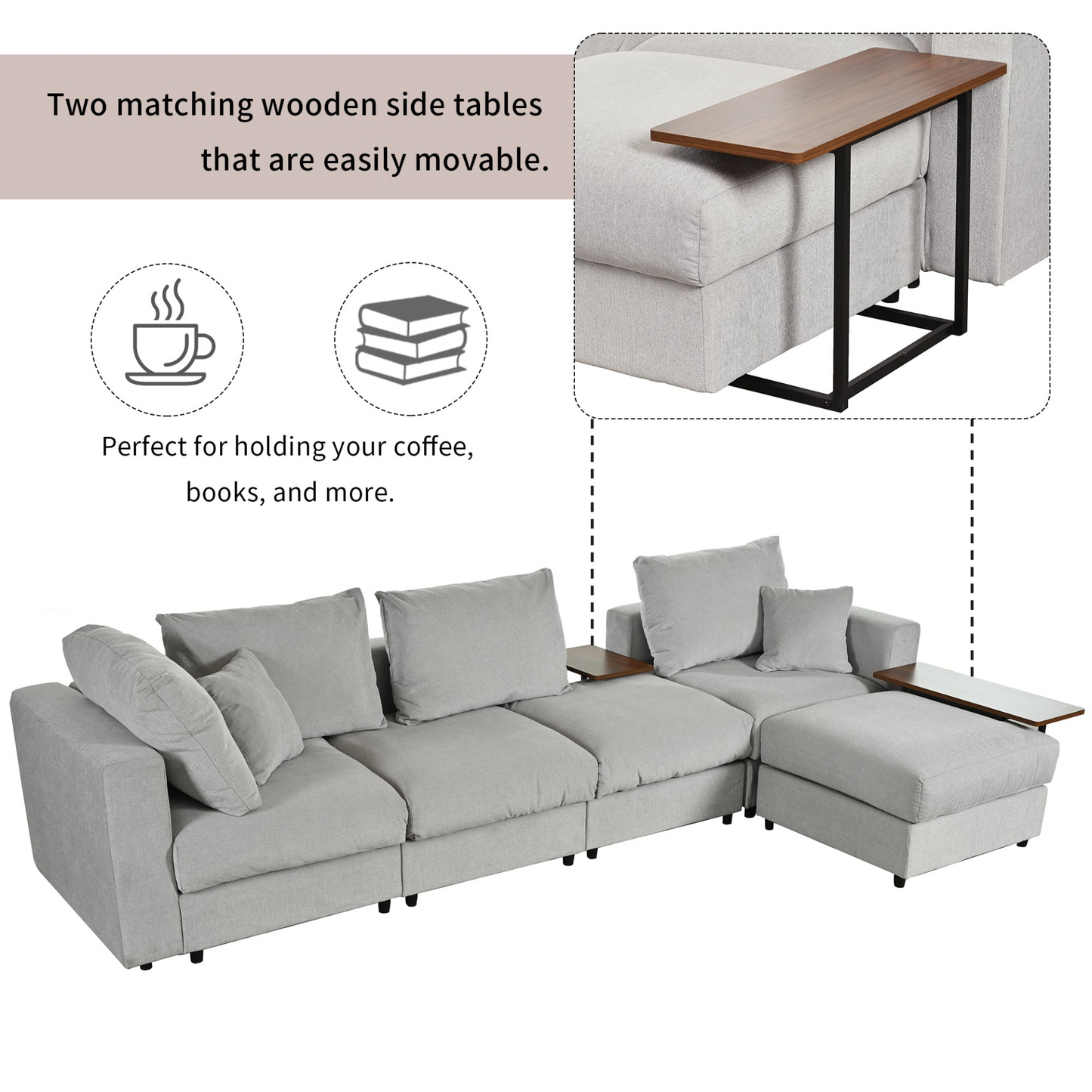 Modern Large L-Shape Sectional Sofa for Living Room, 2 Pillows and 2 End Tables