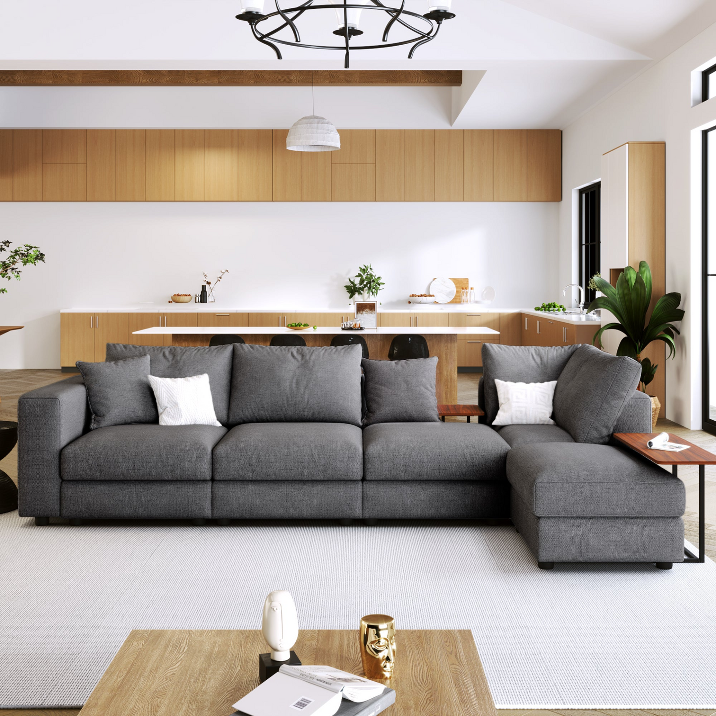 Modern Large L-Shape Sectional Sofa for Living Room, 2 Pillows and 2 End Tables