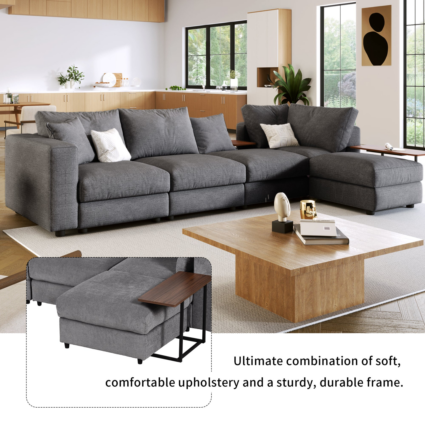 Modern Large L-Shape Sectional Sofa for Living Room, 2 Pillows and 2 End Tables