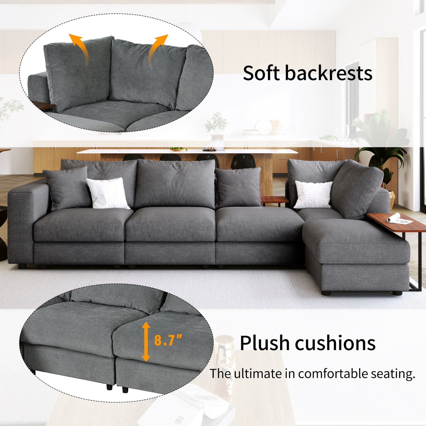 Modern Large L-Shape Sectional Sofa for Living Room, 2 Pillows and 2 End Tables