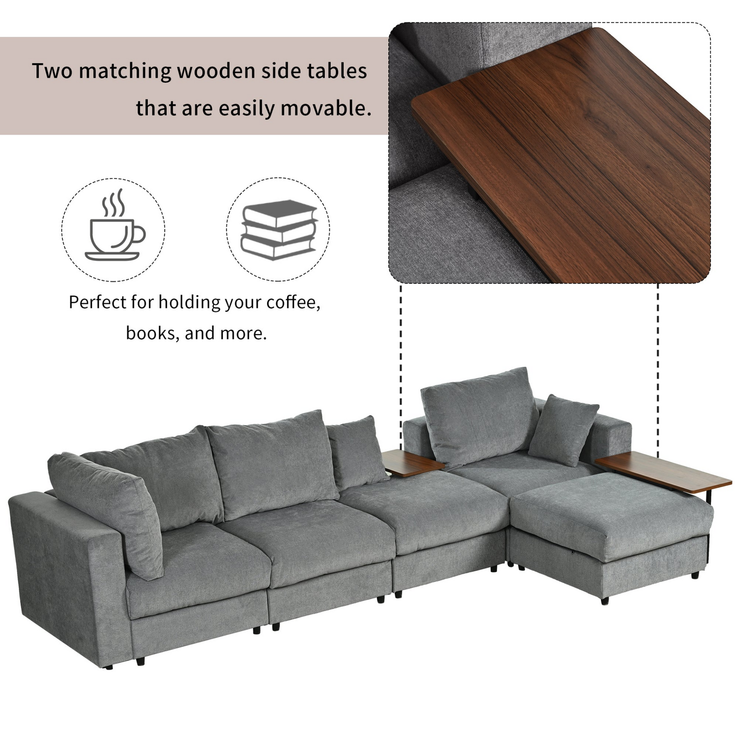 Modern Large L-Shape Sectional Sofa for Living Room, 2 Pillows and 2 End Tables