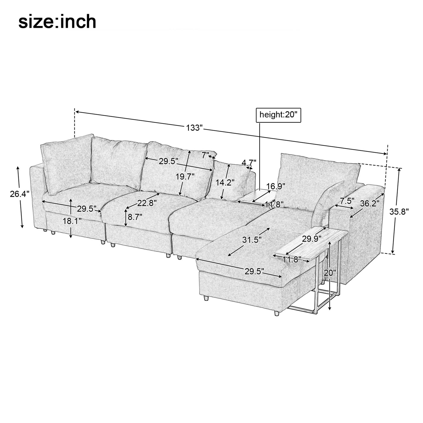 Modern Large L-Shape Sectional Sofa for Living Room, 2 Pillows and 2 End Tables