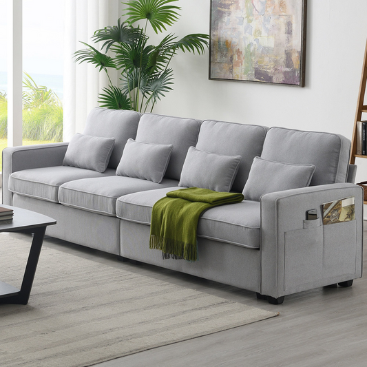 Modern Linen Fabric Sofa with Armrest Pockets and 4 Pillows