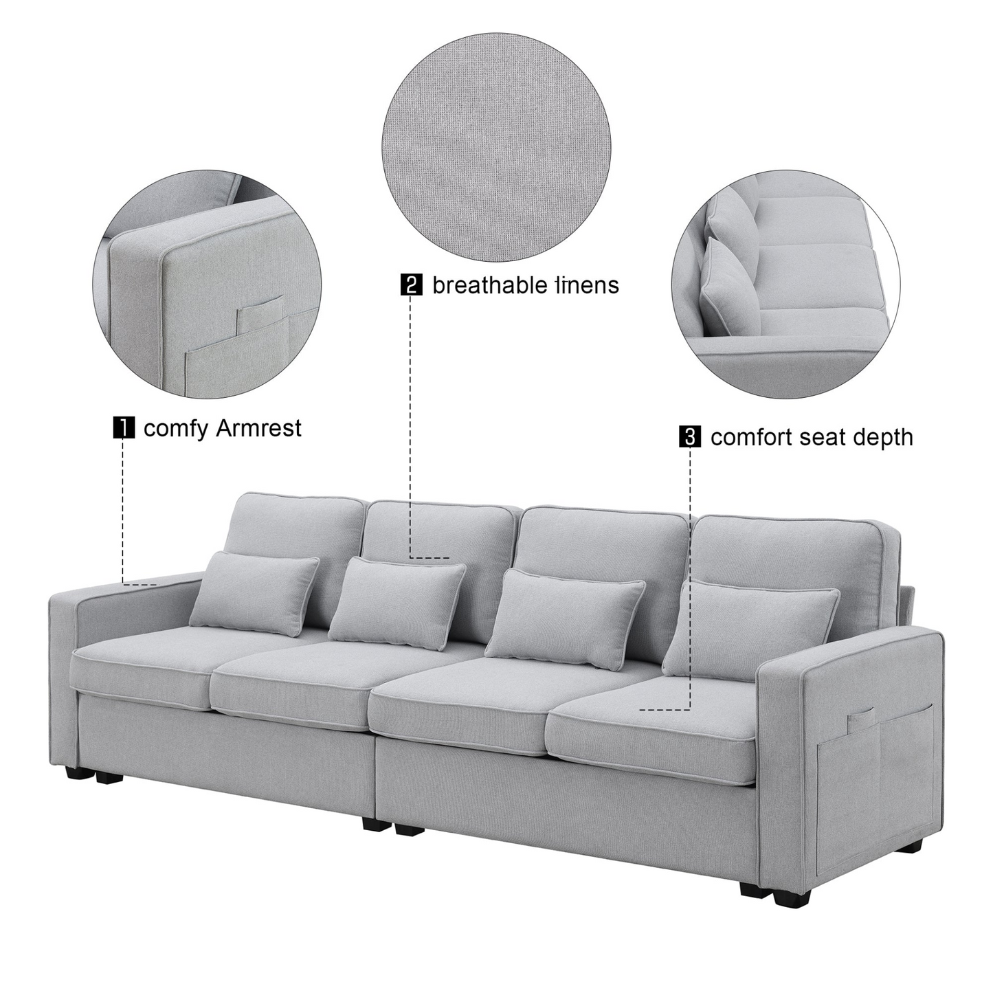 Modern Linen Fabric Sofa with Armrest Pockets and 4 Pillows