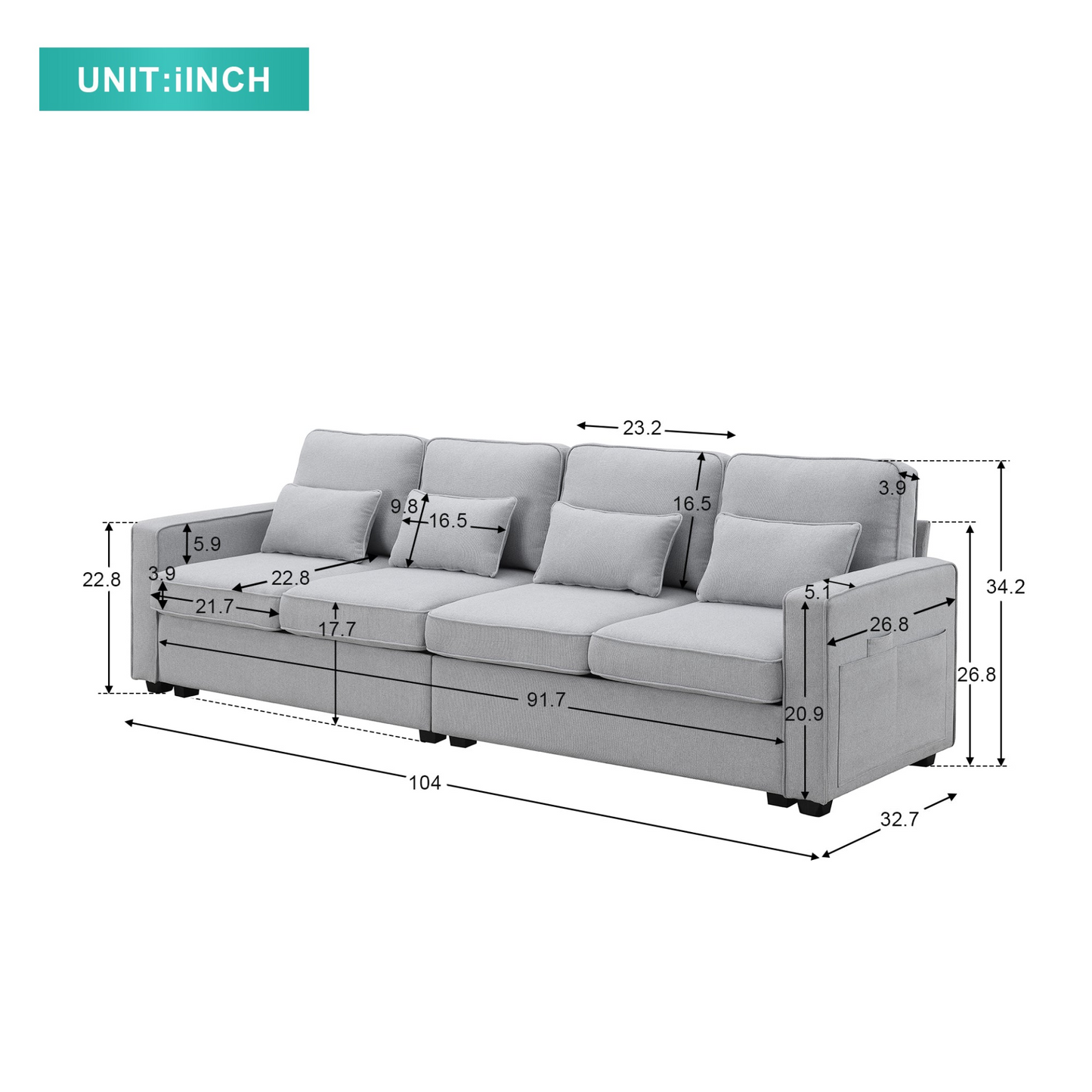 Modern Linen Fabric Sofa with Armrest Pockets and 4 Pillows