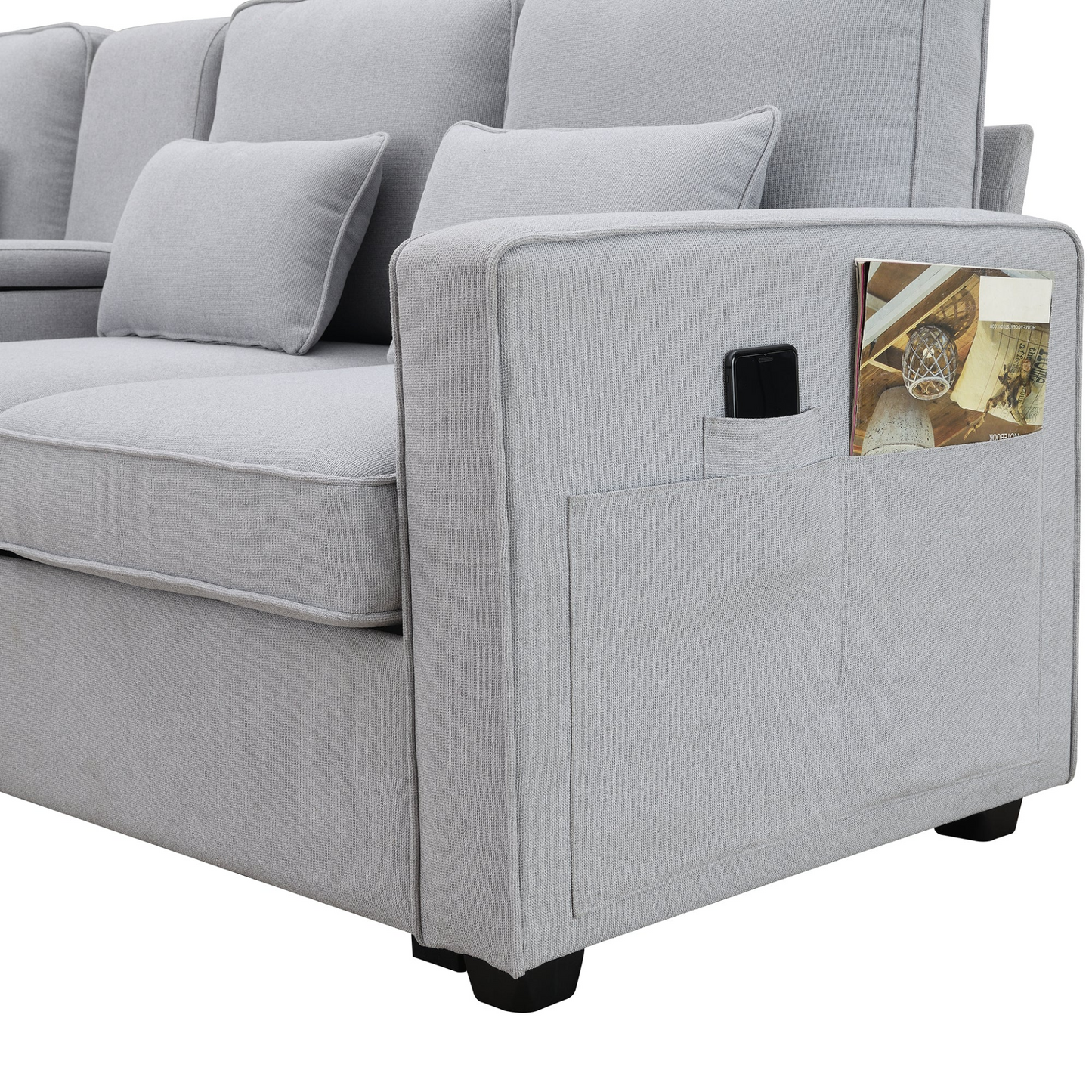 Modern Linen Fabric Sofa with Armrest Pockets and 4 Pillows