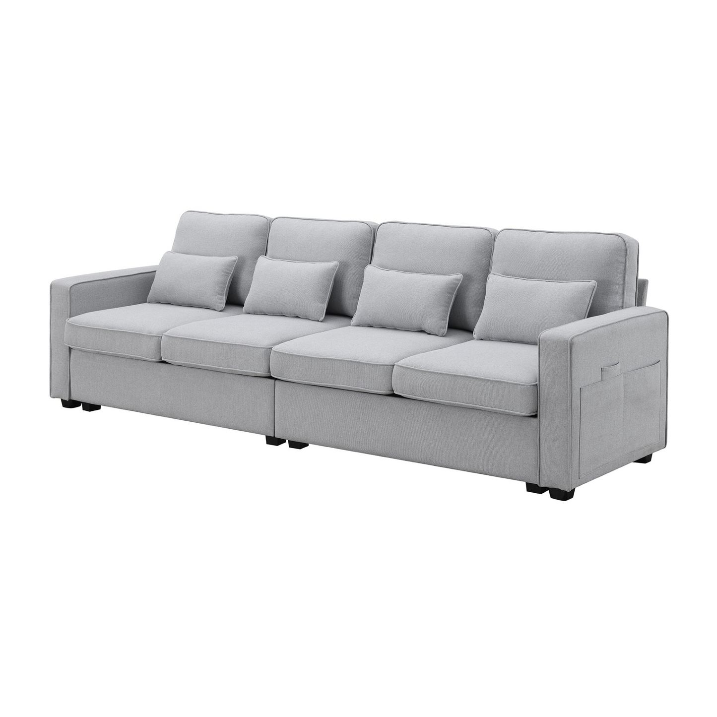 Modern Linen Fabric Sofa with Armrest Pockets and 4 Pillows