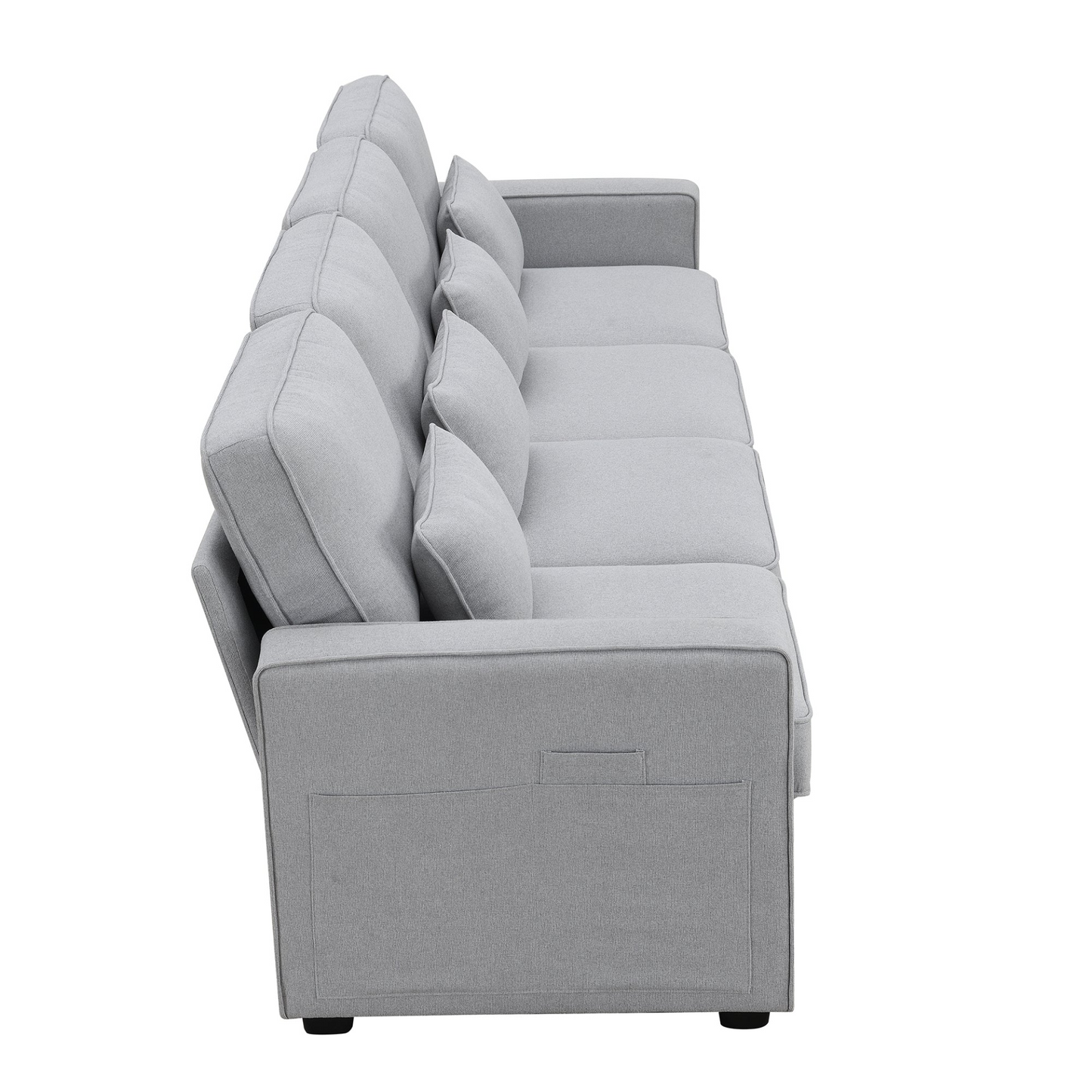 Modern Linen Fabric Sofa with Armrest Pockets and 4 Pillows