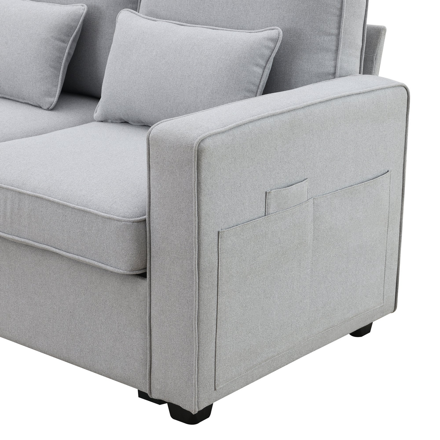 Modern Linen Fabric Sofa with Armrest Pockets and 4 Pillows