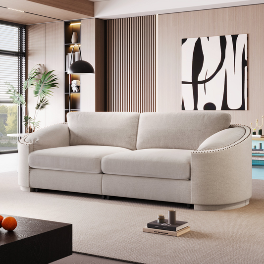 Stylish Sofa with Semilunar Arm, Rivet Detailing, and Solid Frame for Living Room