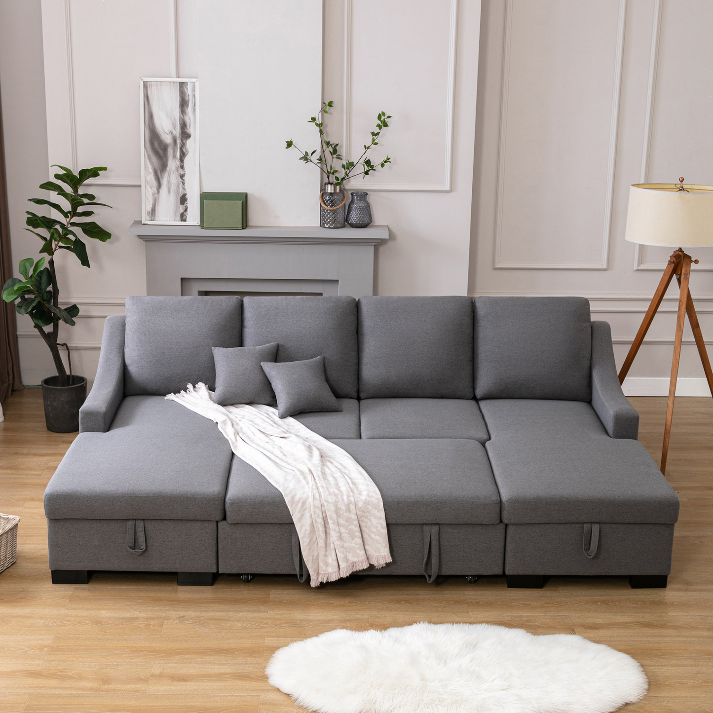 Upholstery Sleeper Sectional Sofa with Double Storage Spaces, 2 Tossing Cushions, Grey