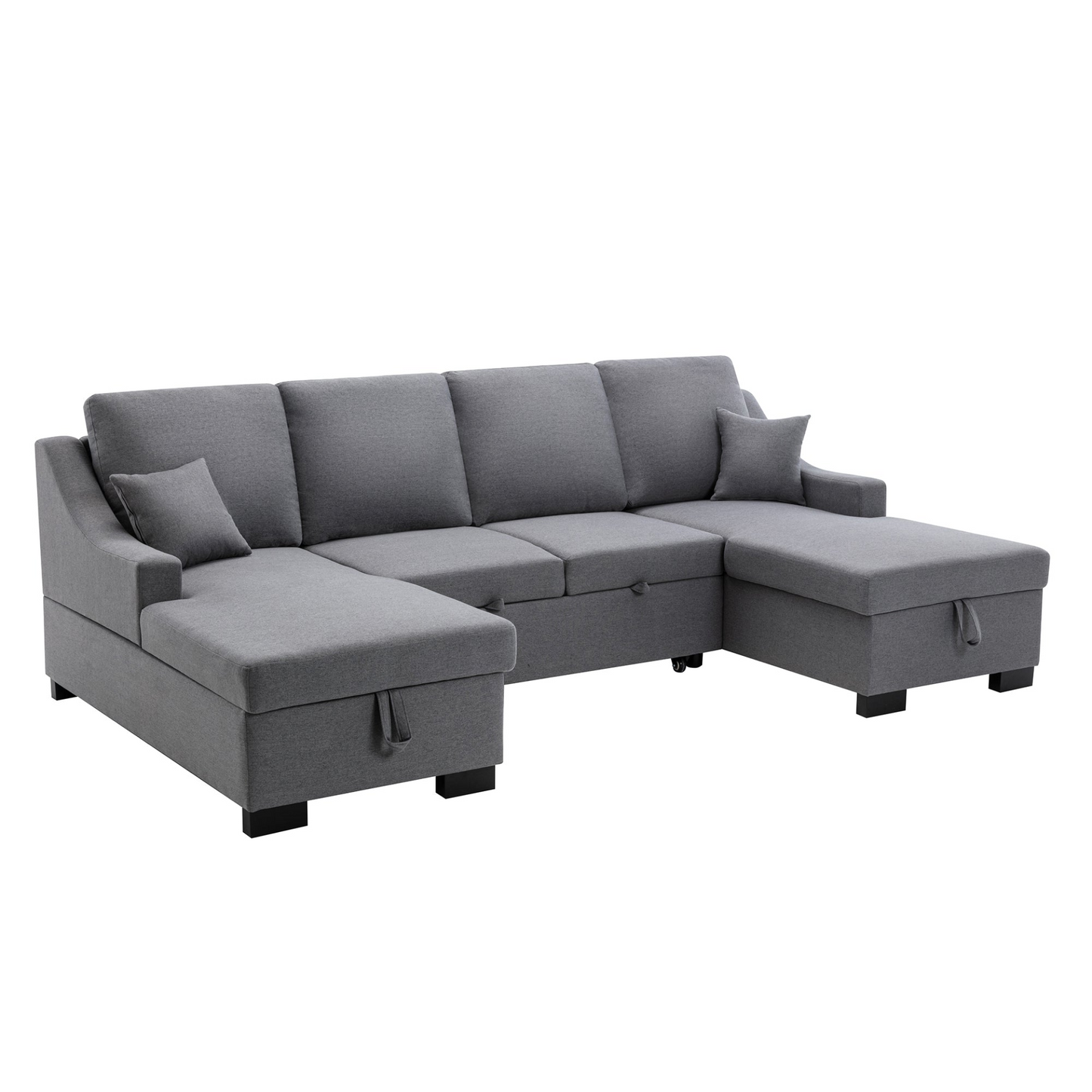 Upholstery Sleeper Sectional Sofa with Double Storage Spaces, 2 Tossing Cushions, Grey