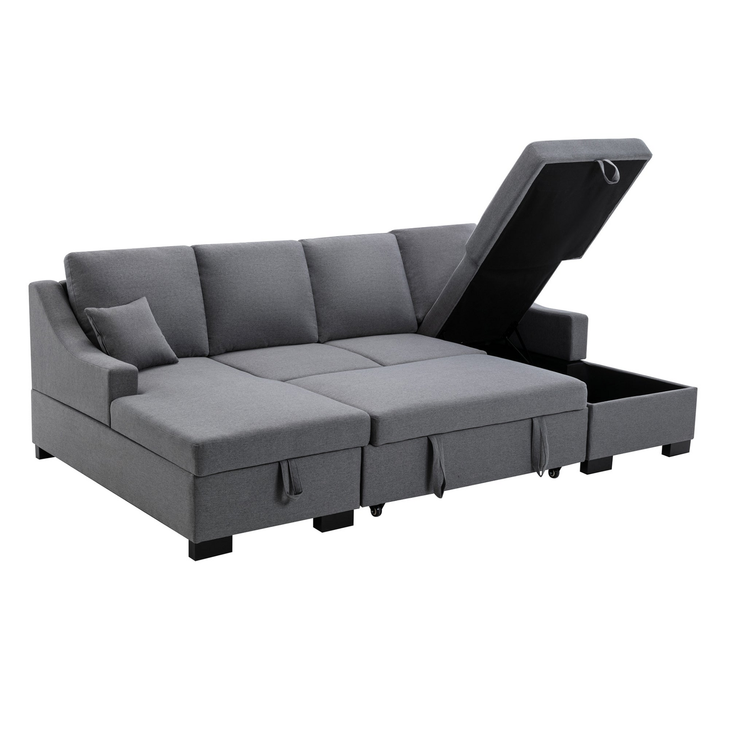 Upholstery Sleeper Sectional Sofa with Double Storage Spaces, 2 Tossing Cushions, Grey