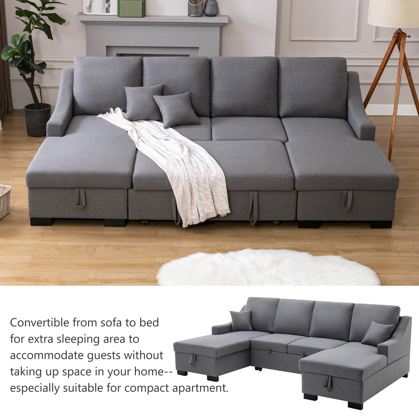 Upholstery Sleeper Sectional Sofa with Double Storage Spaces, 2 Tossing Cushions, Grey