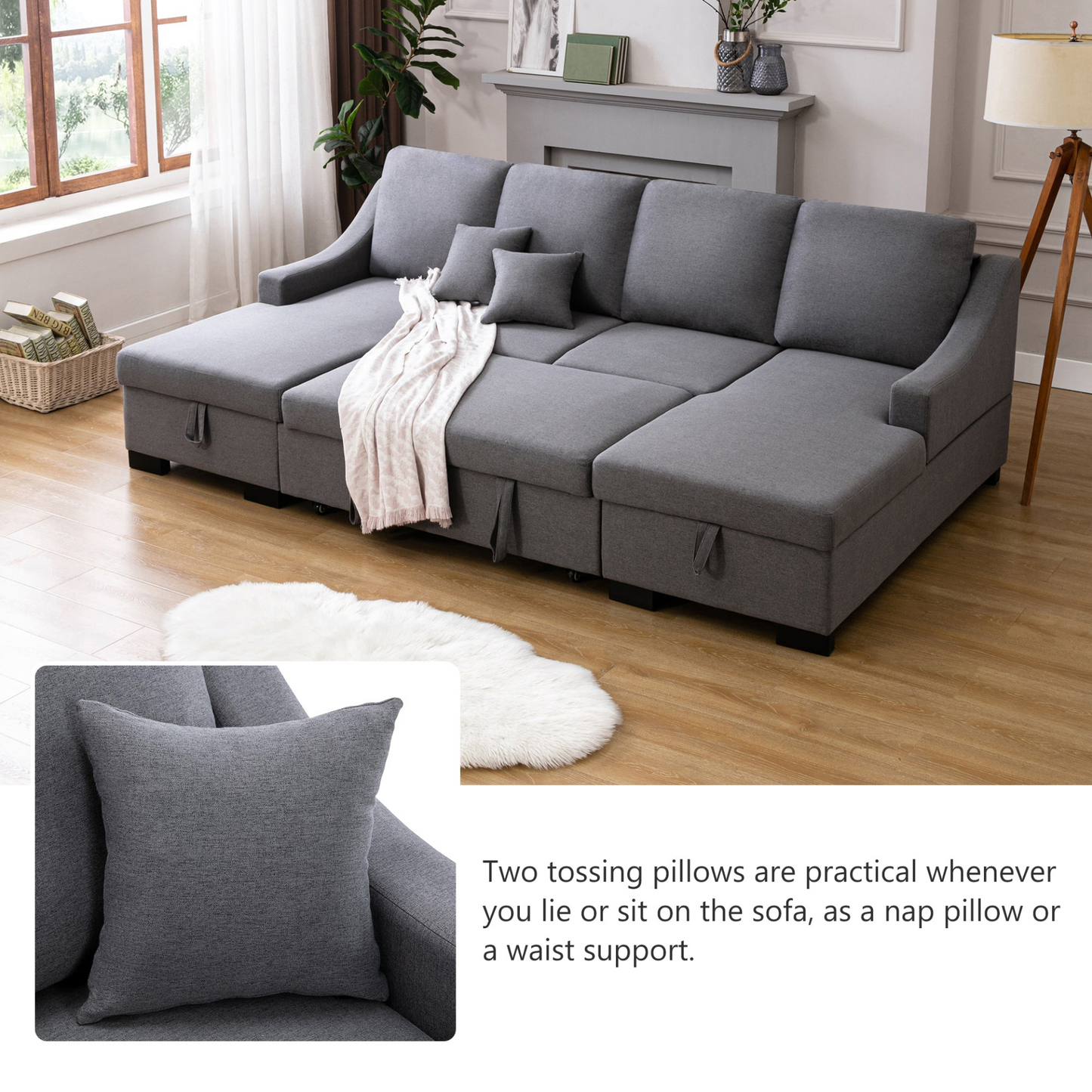 Upholstery Sleeper Sectional Sofa with Double Storage Spaces, 2 Tossing Cushions, Grey