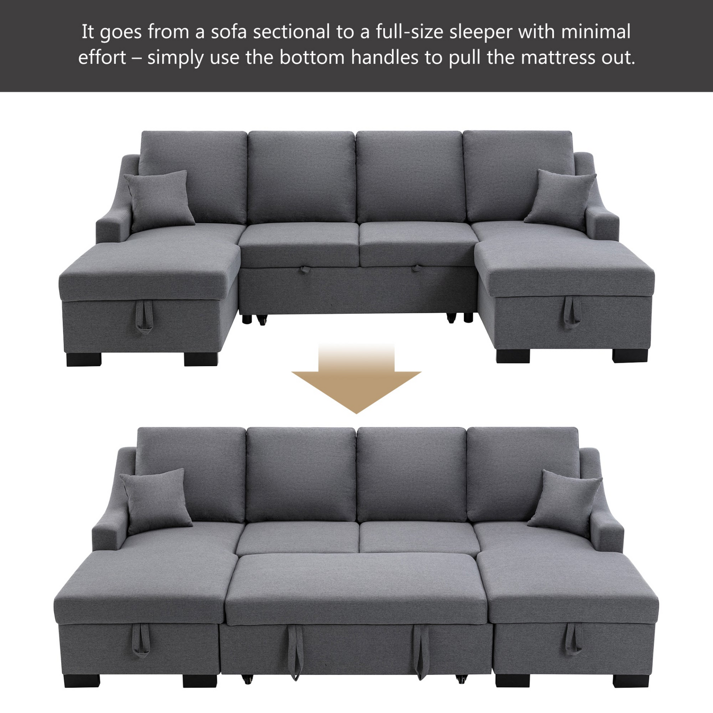 Upholstery Sleeper Sectional Sofa with Double Storage Spaces, 2 Tossing Cushions, Grey