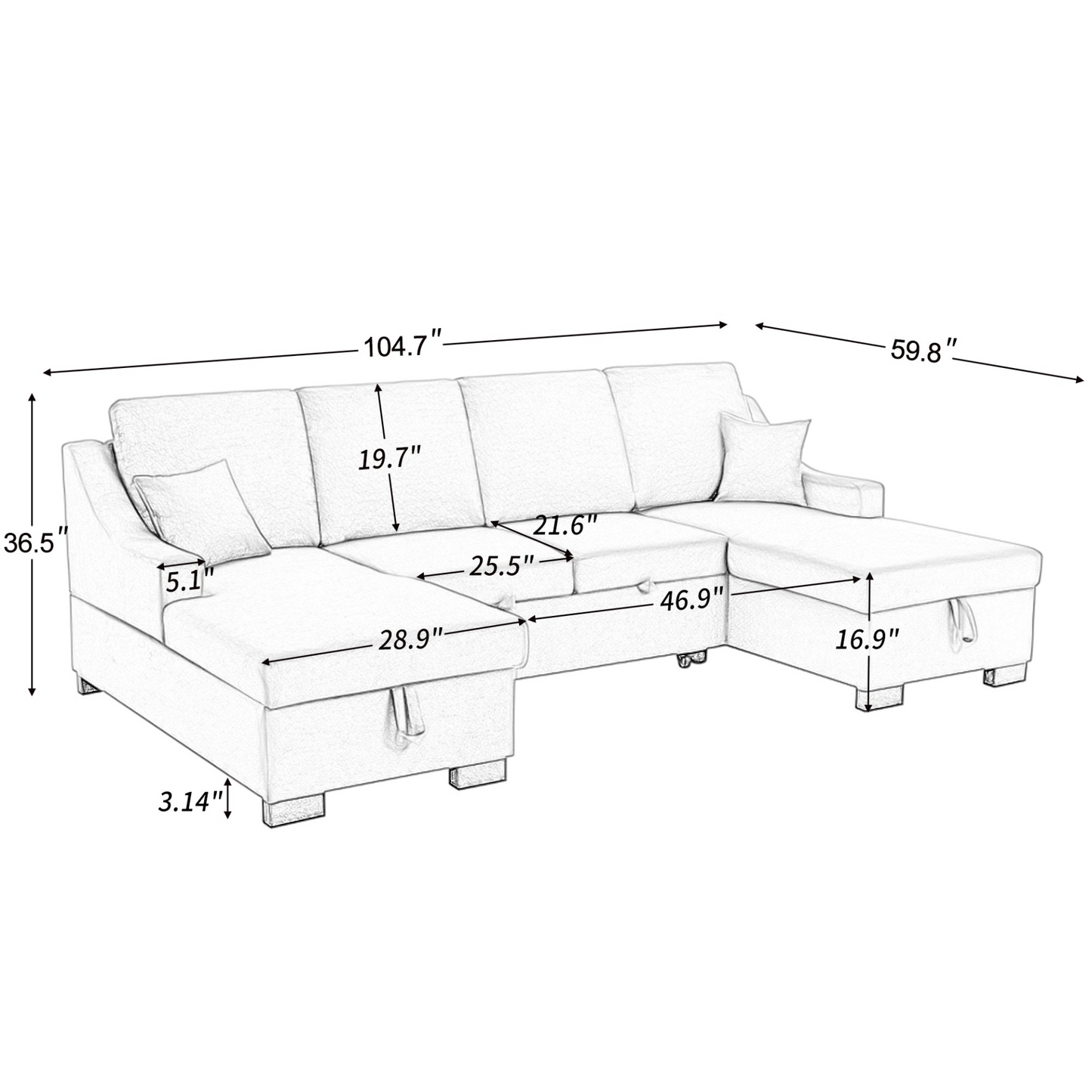 Upholstery Sleeper Sectional Sofa with Double Storage Spaces, 2 Tossing Cushions, Grey