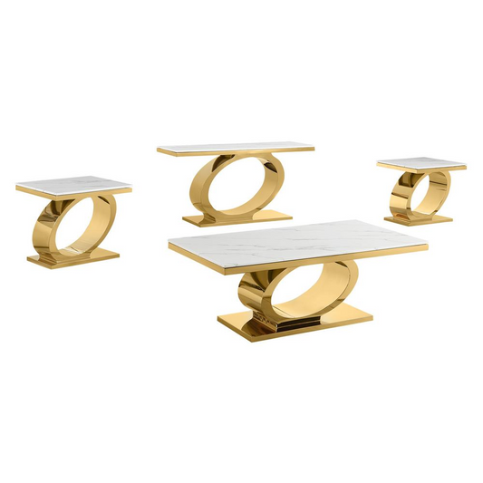 4pc White marble coffee table set with gold color base