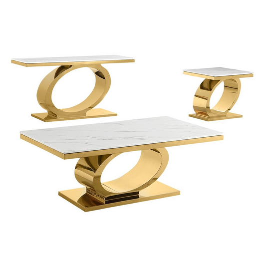 3pc White marble coffee table set with gold color base