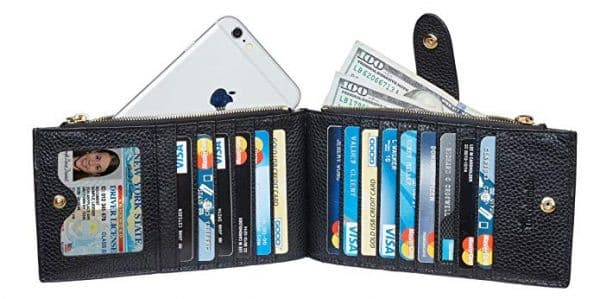 Travelambo Womens Wallet Slim RFID Blocking Bifold Credit Card Holder Wallet with 16 Card Slots, 2 Zippered Pockets