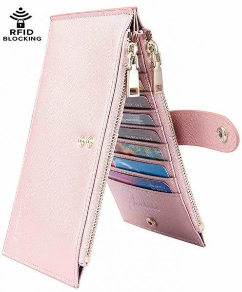 Travelambo Womens Wallet Slim RFID Blocking Bifold Credit Card Holder Wallet with 16 Card Slots, 2 Zippered Pockets