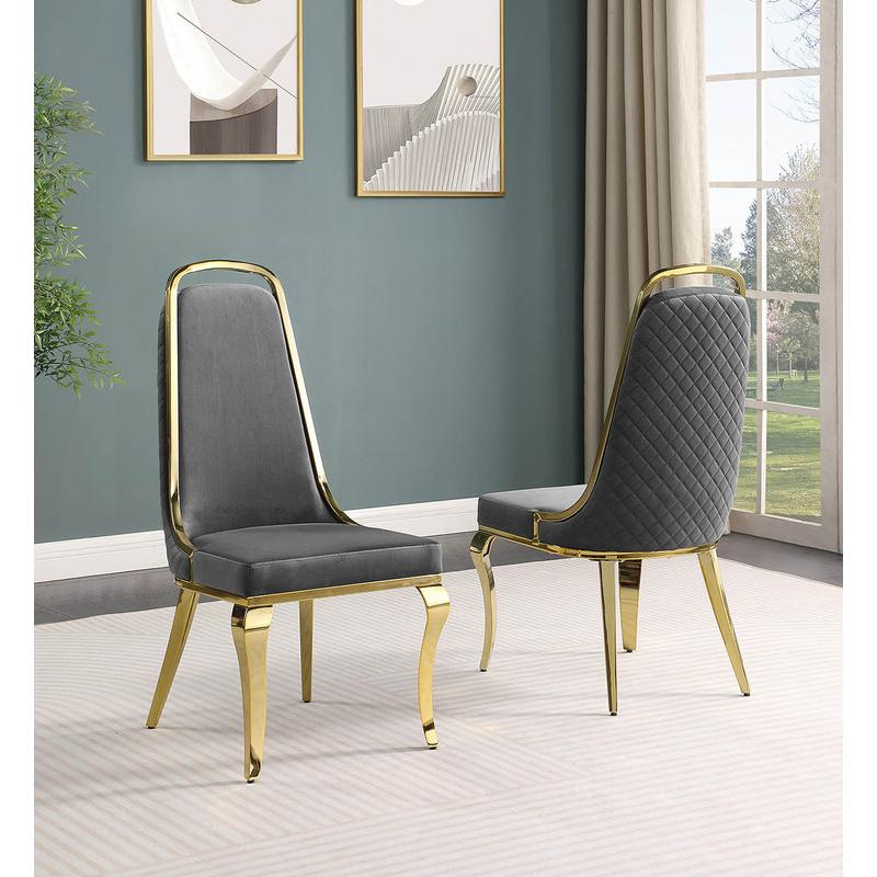 7pc Small(66") marble top dining set with gold base and 6 Dark grey side chairs