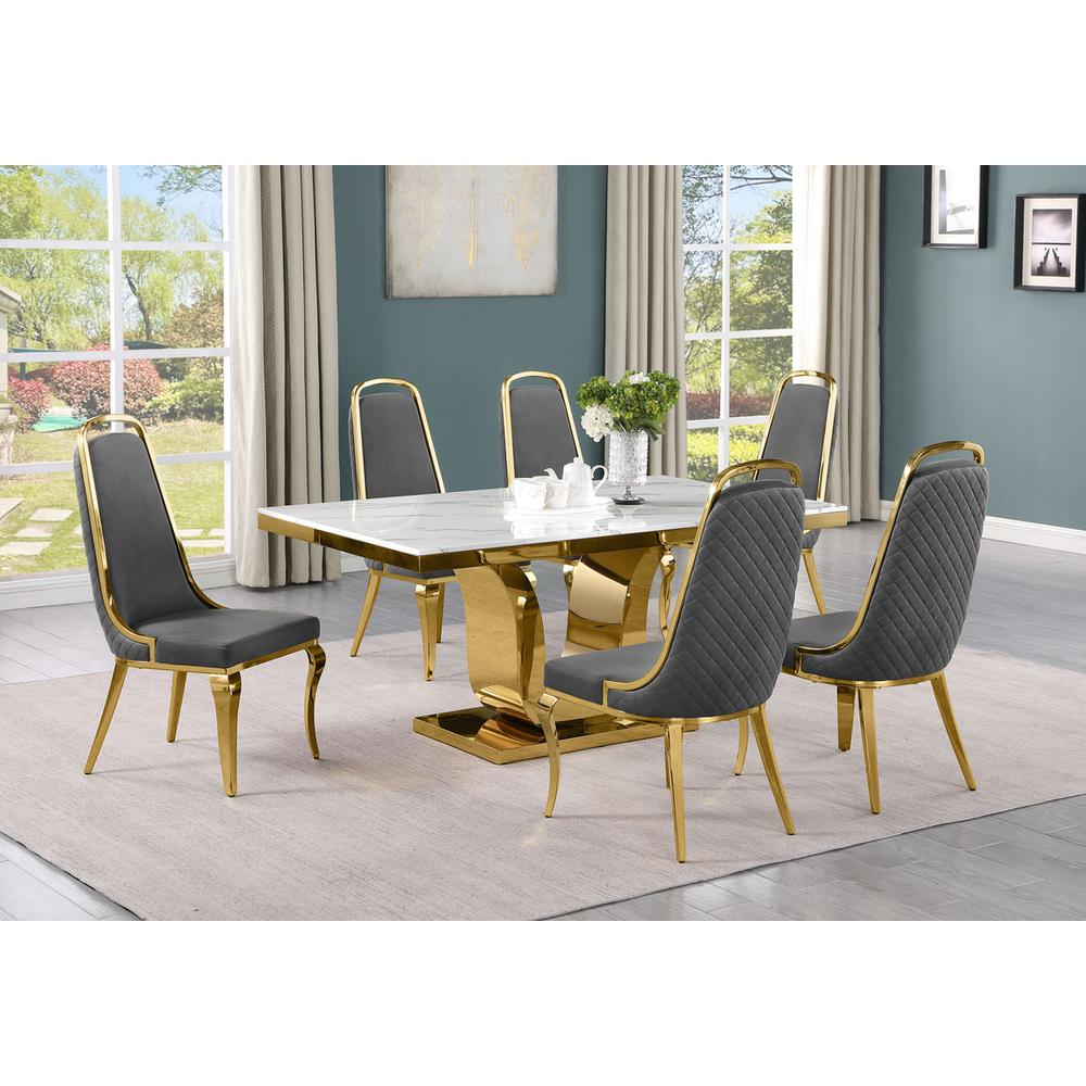 7pc Small(66") marble top dining set with gold base and 6 Dark grey side chairs