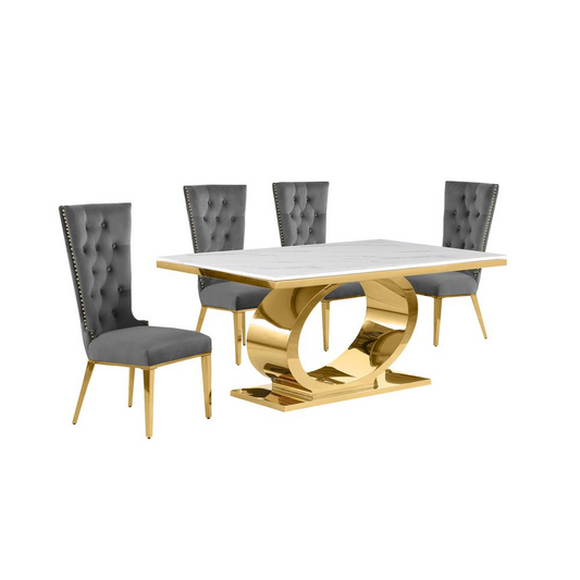 5pc Small(68") marble top dining set with gold base and 4 Dark grey side chairs