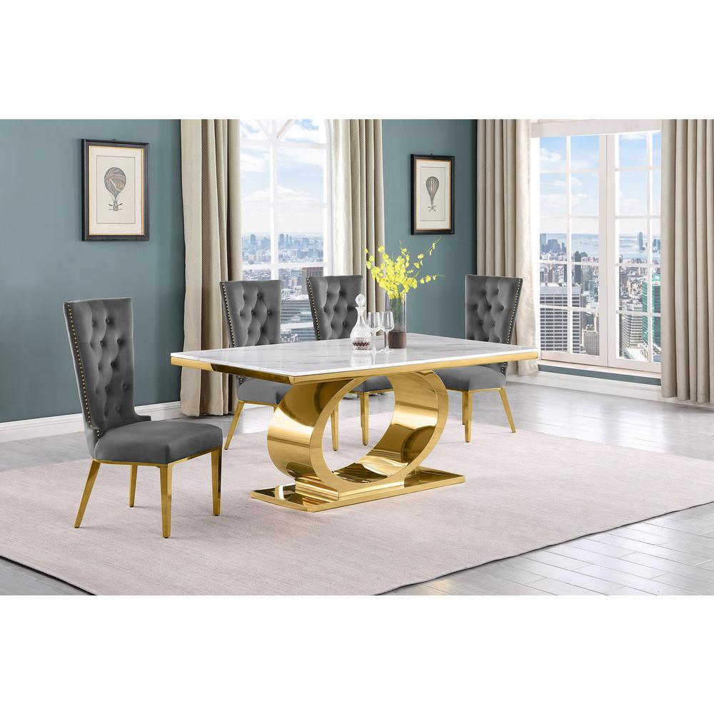 5pc Small(68") marble top dining set with gold base and 4 Dark grey side chairs