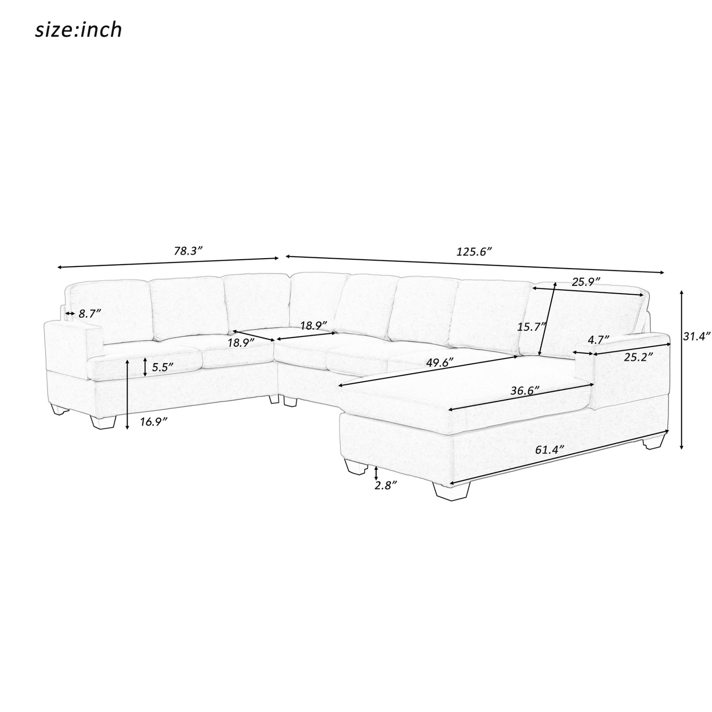 Modern Large Upholstered  U-Shape Sectional Sofa, Extra Wide Chaise Lounge Couch,  Grey