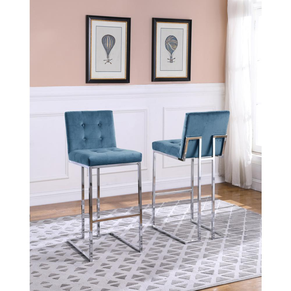 27" Tufted Velvet Upholstered Bar Stool in Teal Blue (Set of 2)