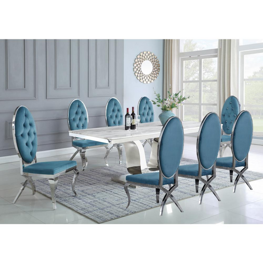 White Marble 9pc Set Tufted Faux Crystal Chairs in Teal Velvet