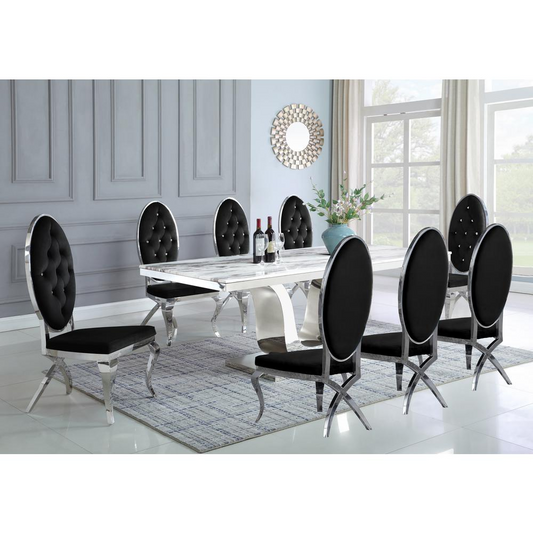 White Marble 9pc Set Tufted Faux Crystal Chairs in Black Velvet