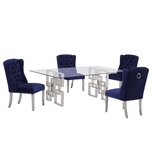 Stainless Steel 5 Piece Dining Set, Velvet Chairs - Navy Color 707