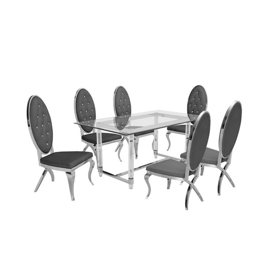 Acrylic Glass 7pc Set Tufted Faux Crystal Chairs in Dark Grey Velvet
