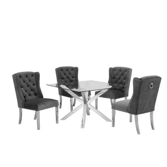 Stainless Steel 5 Piece Dining Set, Dark Grey Velvet Chairs 525