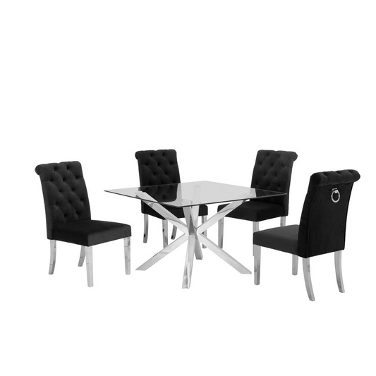 Stainless Steel 5 Piece Dining Set, Black Tufted Velvet 624